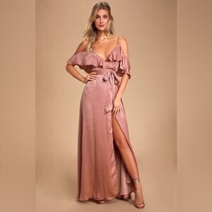 NWT Lulu’s Moriah Rose Satin Cold Shoulder Wrap Maxi Dress.